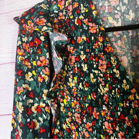 J.Crew Green V-Neck Smocked Long Sleeve Floral Dress Size Large - Picture 6 of 7